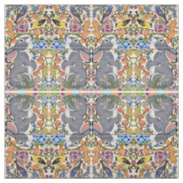 Bunny Rabbit, Birds Flowers Tiled Designer Fabric Tyg