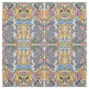 Bunny Rabbit, Birds Flowers Tiled Designer Fabric Tyg