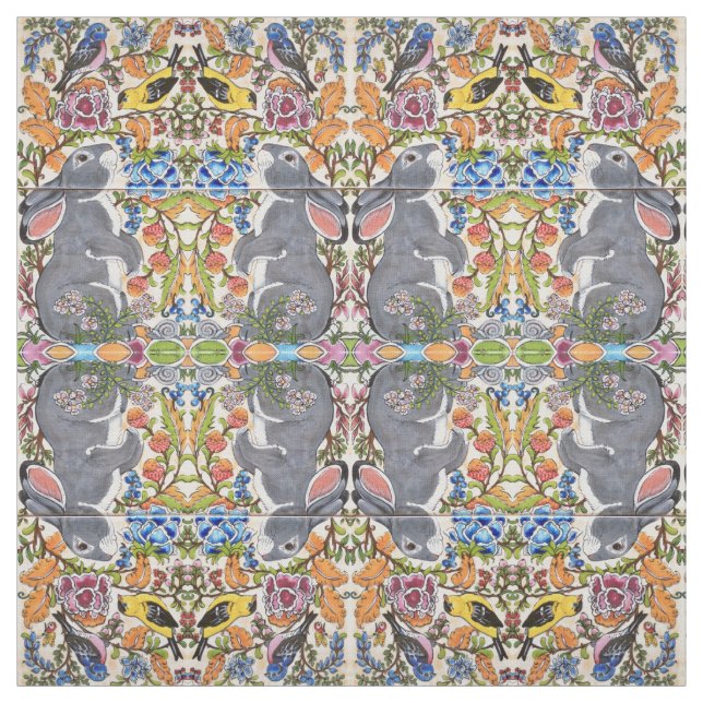 Bunny Rabbit, Birds Flowers Tiled Designer Fabric Tyg (Provkarta)