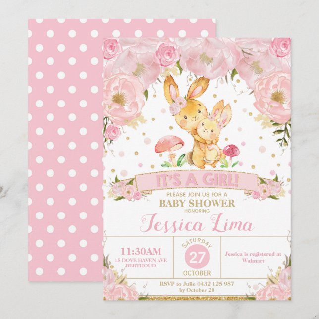 Bunny Rabbit Blommigt Baby Shower-inbjudan Girl Inbjudningar (Fram/baksida)