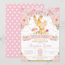 Bunny Rabbit Blommigt Baby Shower-inbjudan Girl