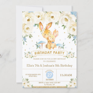 Bunny Rabbit Blommigt Joint Birthday Sister Brothe Inbjudningar