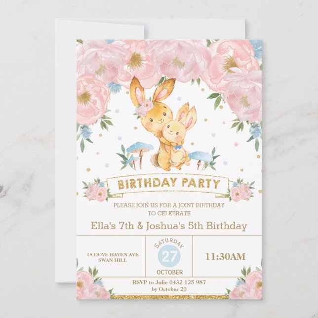 Bunny Rabbit Blommigt Joint Birthday Sister Brothe Inbjudningar (Framsida)