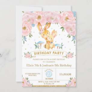 Bunny Rabbit Blommigt Joint Birthday Sister Brothe Inbjudningar