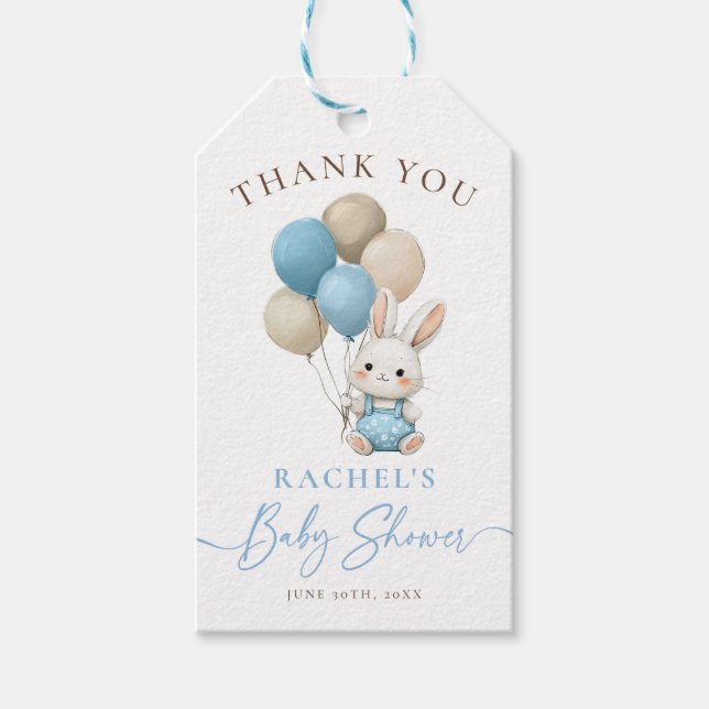 Bunny Rabbit Blue Balloons Boy Shower Presentetikett (Framsidan)