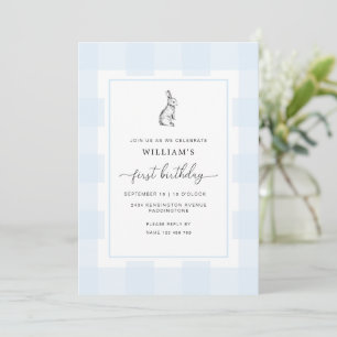 Bunny Rabbit Blue Gingham 1:a födelsedagsinbjudan Inbjudningar