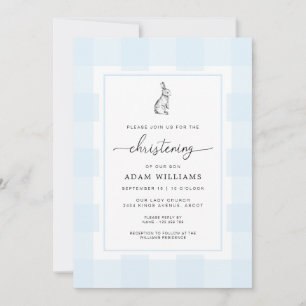 Bunny Rabbit Blue Gingham Christening-inbjudan Inbjudningar