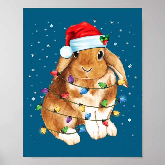 Bunny Rabbit Christmas Lights Santa Hat Funny Xmas Poster (Framsidan)