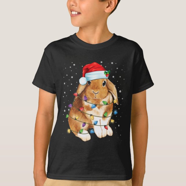 Bunny Rabbit Christmas Lights Santa Hat Funny Xmas T Shirt (Framsida)