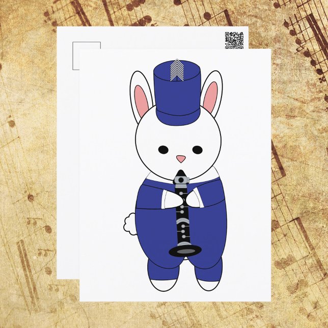 Bunny Rabbit Clarinet Marching Band Blue White Vykort (A cute postcard with a rabbit playing the clarinet in a blue and white marching band uniform.)