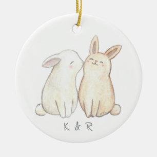 Bunny Rabbit Cute Couple Första jul tillsammans Julgransprydnad Keramik