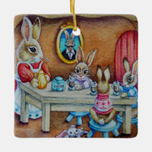 Bunny Rabbit Family Hett Cocoa Break Watercolor Ar Julgransprydnad Keramik