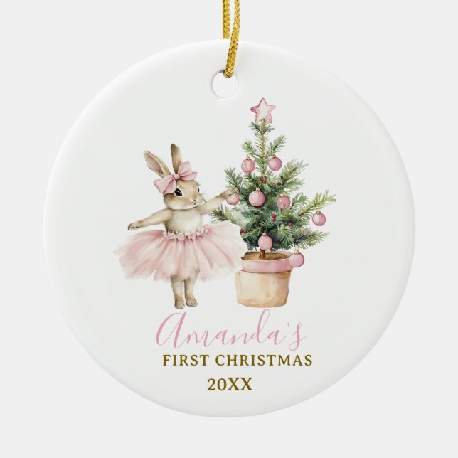 Bunny Rabbit First Christmas Keepsake Baby Girl Julgransprydnad Keramik (Framsidan)