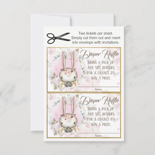 Bunny Rabbit Flicka Diaper Raffle Biljett Inbjudningar (Framsida)
