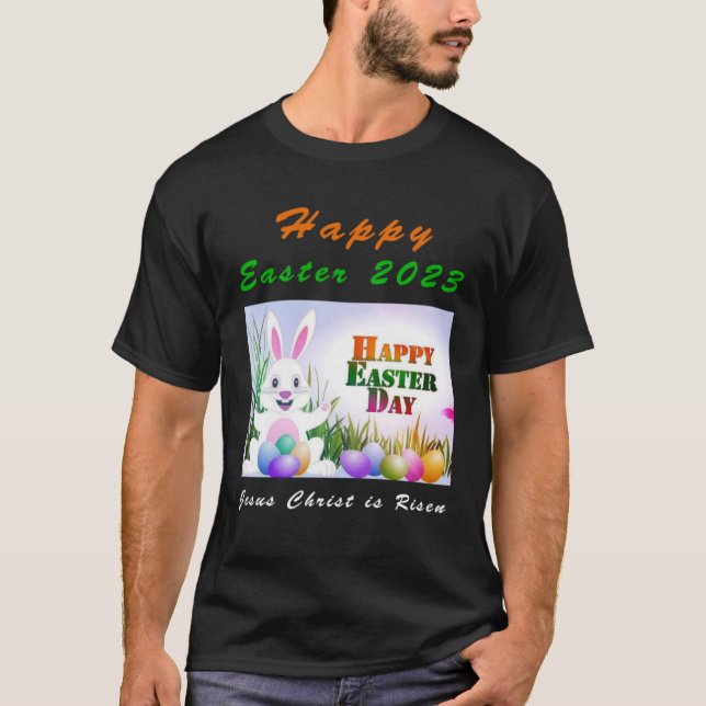 Bunny Rabbit för Påsk Dag 2023 Jesus är Risen T Shirt (Framsida)