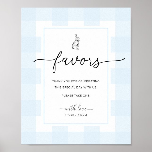 Bunny Rabbit Gingham Blue Gingham Favors Sign Poster (Framsidan)