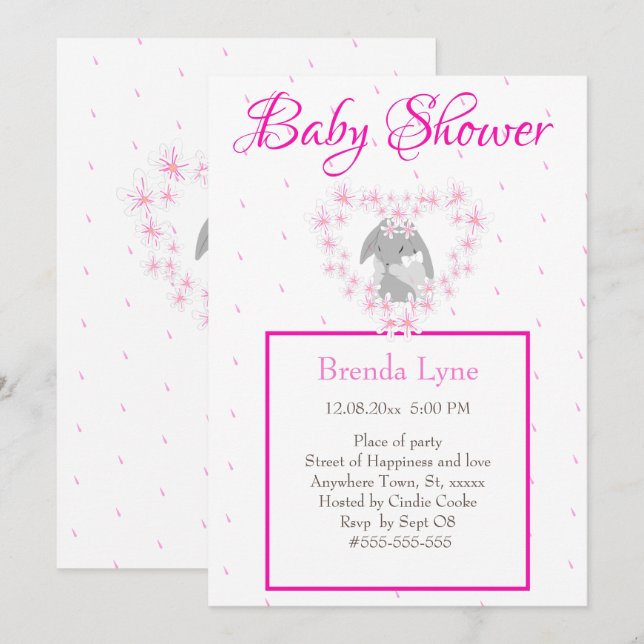 Bunny Rabbit Girl Rosa Baby Shower-inbjudan Inbjudningar (Fram/baksida)
