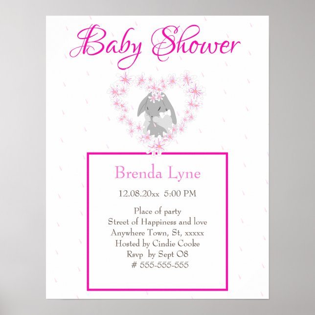 Bunny Rabbit Girl Rosa Baby Shower-inbjudan Poster (Framsidan)