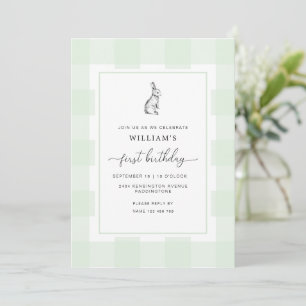 Bunny Rabbit Grönt Gingham 1:a födelsedagsinbjudan Inbjudningar