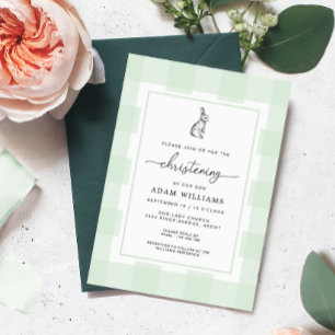 Bunny Rabbit Grönt Gingham Christening-inbjudan Inbjudningar