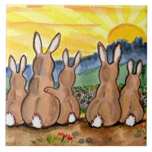 Bunny Rabbit & Gult Sunrise 6" Tile Trivet Kakelplatta