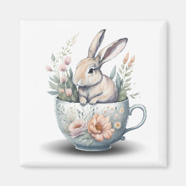 Bunny Rabbit i Tekopp med Flowers-kylskåp Magnet