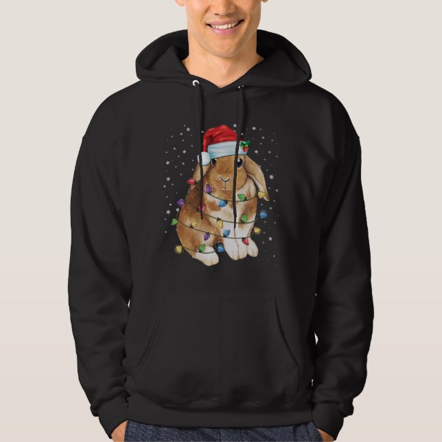 Bunny Rabbit jul Ljus Santa Hat Funny Julafton Hoodie (Framsida)