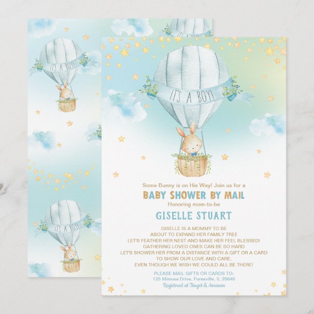Bunny Rabbit Luftballong Baby Shower by Mail Inbjudningar (Fram/baksida)