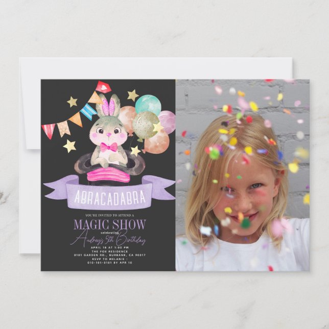 Bunny Rabbit Magic Show Blk Girl Birthday Photo Inbjudningar (Framsida)