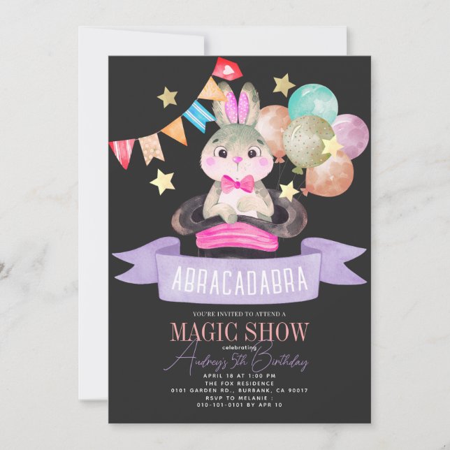 Bunny Rabbit Magician Magic Show Blk Girl Birthday Inbjudningar (Framsida)