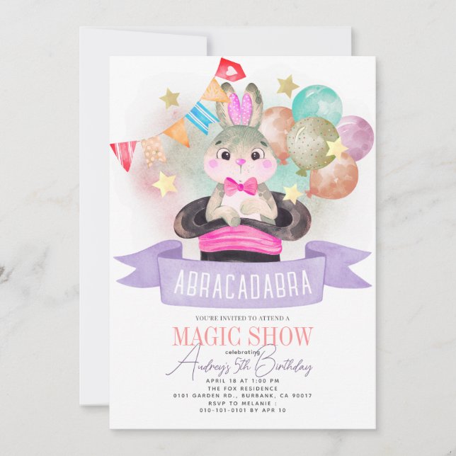 Bunny Rabbit Magician Magic Show Girl Birthday Inbjudningar (Framsida)