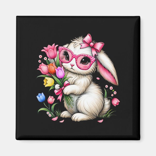 Bunny Rabbit Påsk Tulip Vår blommor Blommigt Wo Magnet (Framsidan)