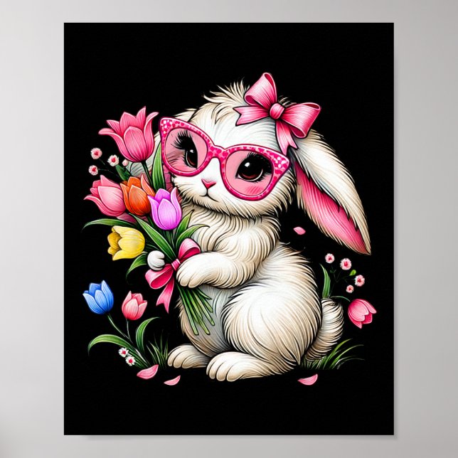 Bunny Rabbit Påsk Tulip Vår blommor Blommigt Wo Poster (Framsidan)