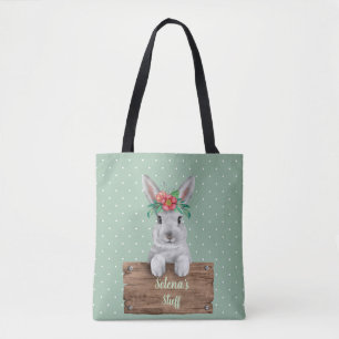 Bunny Rabbit Personlig Sign - Grönt Polka dots Tygkasse
