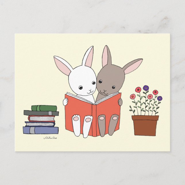 Bunny Rabbit Reading Bok Postcard Cute Bunny Bok Vykort (Framsida)