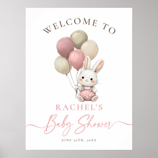 Bunny Rabbit Rosa Balloon Girl Baby Shower Välkomm Poster (Framsidan)