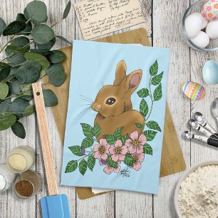 Bunny Rabbit Rosa blommor Kökshandduk