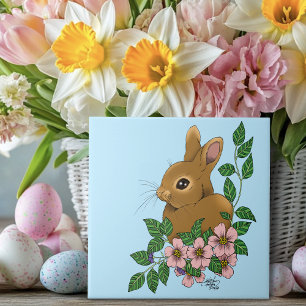 Bunny Rabbit Rosa Flowers Kakelplatta