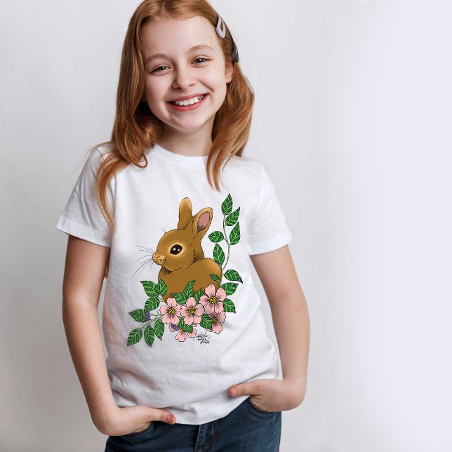 Bunny Rabbit Rosa Flowers T Shirt (Skapare uppladdad)