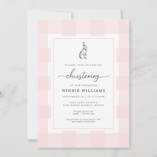 Bunny Rabbit Rosa Gingham Christening-inbjudan Inbjudningar (Framsida)