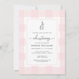 Bunny Rabbit Rosa Gingham Christening-inbjudan Inbjudningar