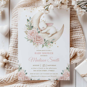 Bunny Rabbit Rosa Måne Blommigt Baby Shower Inbjudningar