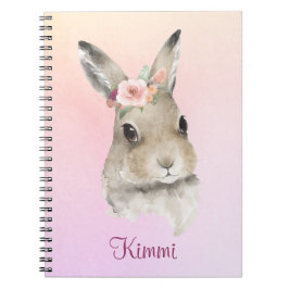 Bunny Rabbit Rosa Watercolor Blommigt Namn Cute Anteckningsbok