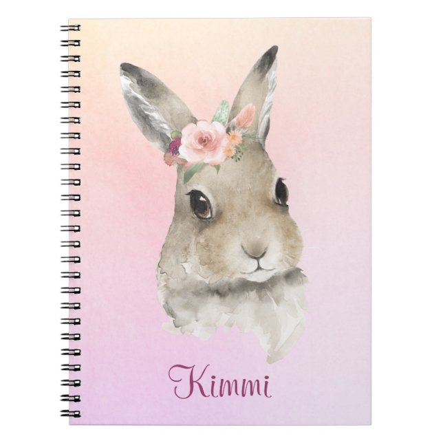 Bunny Rabbit Rosa Watercolor Blommigt Namn Cute Anteckningsbok (Framsidan)