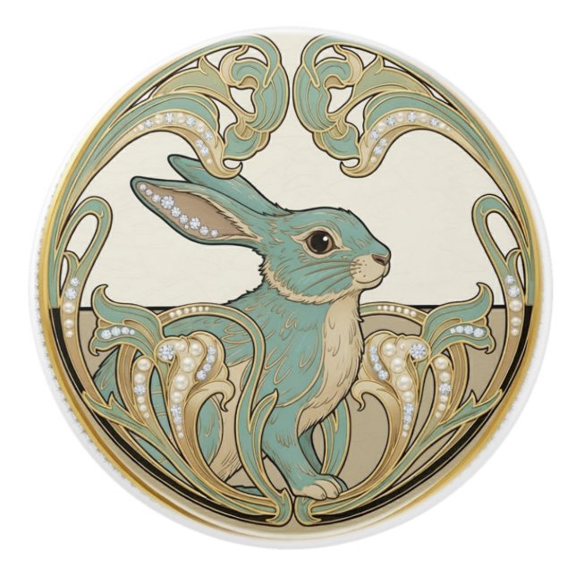 Bunny Rabbit Sage Green & Gold Art Deco Nouveau Knopp (Framsidan)
