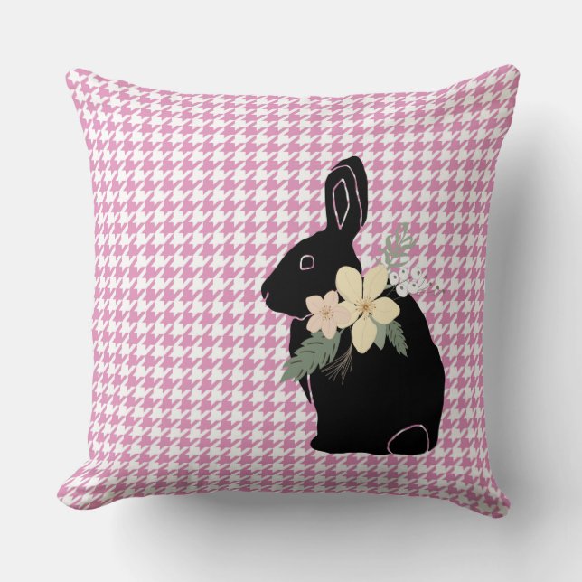 Bunny Rabbit Silhouette Flowers Houndstooth Sweet Kudde (Framsida)