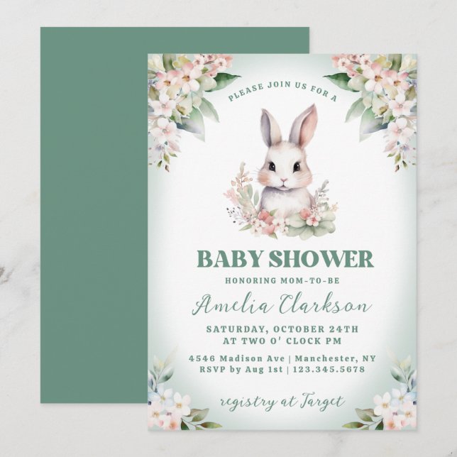 Bunny Rabbit Soft Grönt & Blommigt Baby Shower Inbjudningar (Fram/baksida)