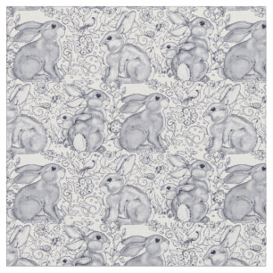 Bunny Rabbit Toile Mönster Blue & White Cute Deco Tyg