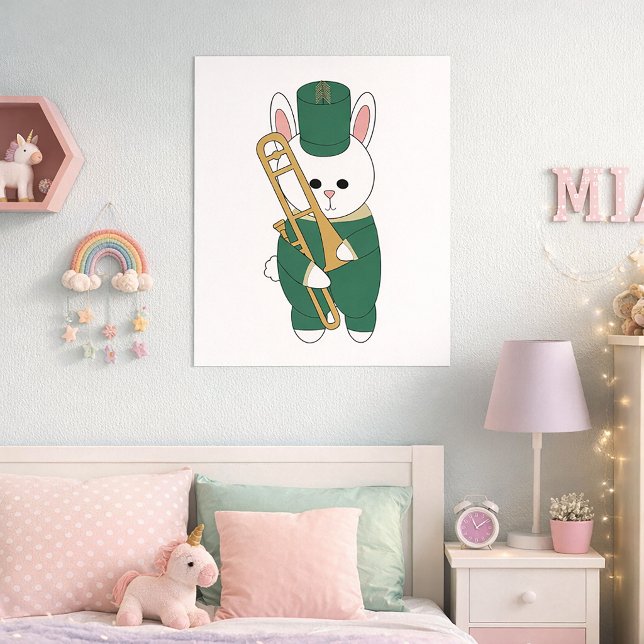 Bunny Rabbit Trombone Marching Band Green Gold Poster (A poster of a rabbit holding a trombone in a green & gold marching band uniform.)