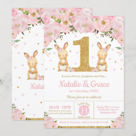 Bunny Rabbit Twin Girls 1:a födelsedag Party Twill Inbjudningar